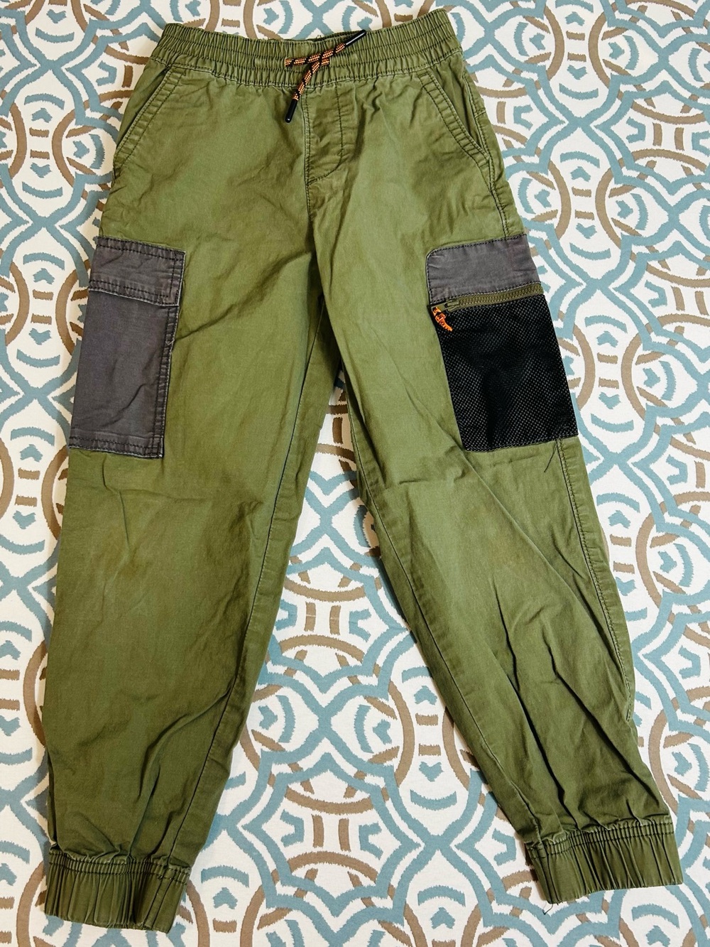 Boys Olive Green Cargo Pants with Contrast Pocket Panels